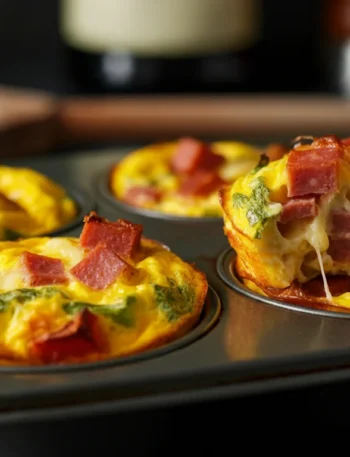 Keto Salami & Cheese Frittatas Freshly baked Keto Salami and Cheese Frittatas in a muffin tin, one tilted to show the cheesy filling, captured with natural, casual lighting.