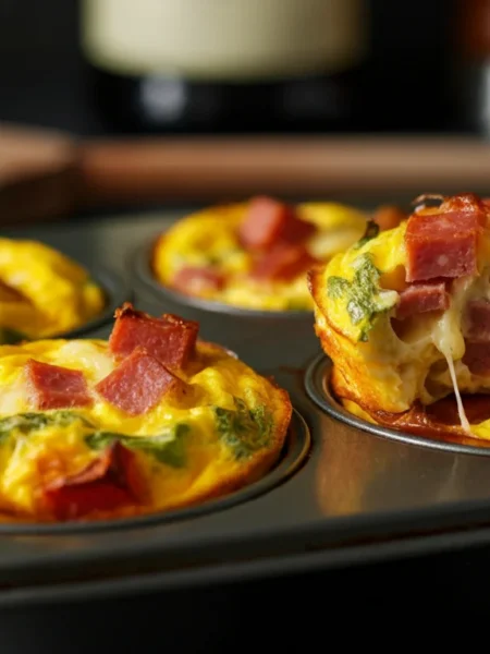 Keto Salami & Cheese Frittatas Freshly baked Keto Salami and Cheese Frittatas in a muffin tin, one tilted to show the cheesy filling, captured with natural, casual lighting.