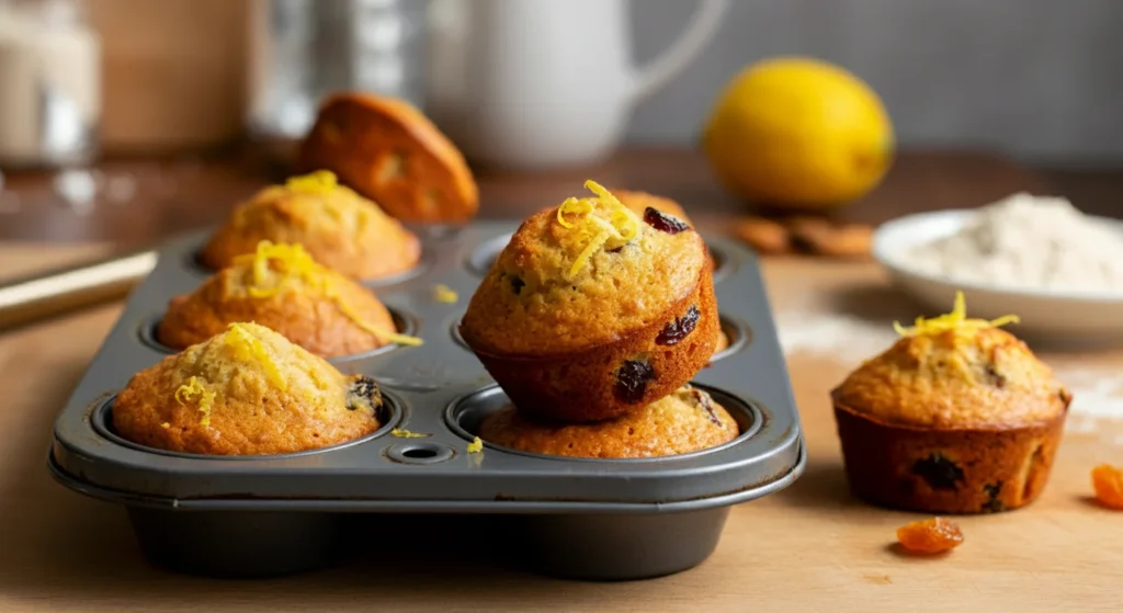 Keto Mini Fruit Cakes Angled shot of keto mini fruit cakes in a muffin pan with a rustic background.