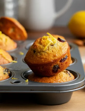 Keto Mini Fruit Cakes Angled shot of keto mini fruit cakes in a muffin pan with a rustic background.