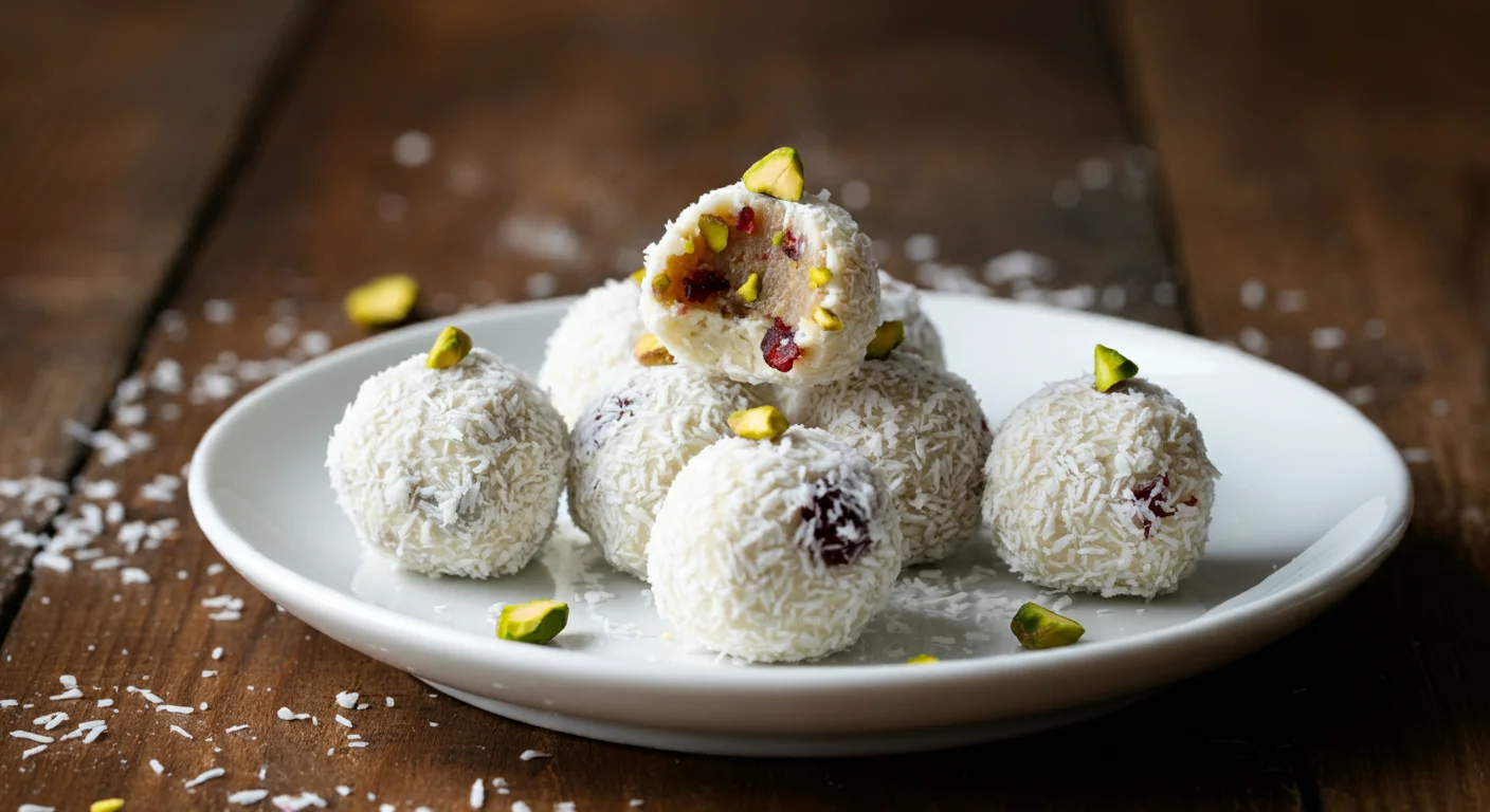 Keto White Christmas Truffles White Christmas Truffles on a white plate, coated in coconut with cranberries and pistachios, captured casually on a wooden table.