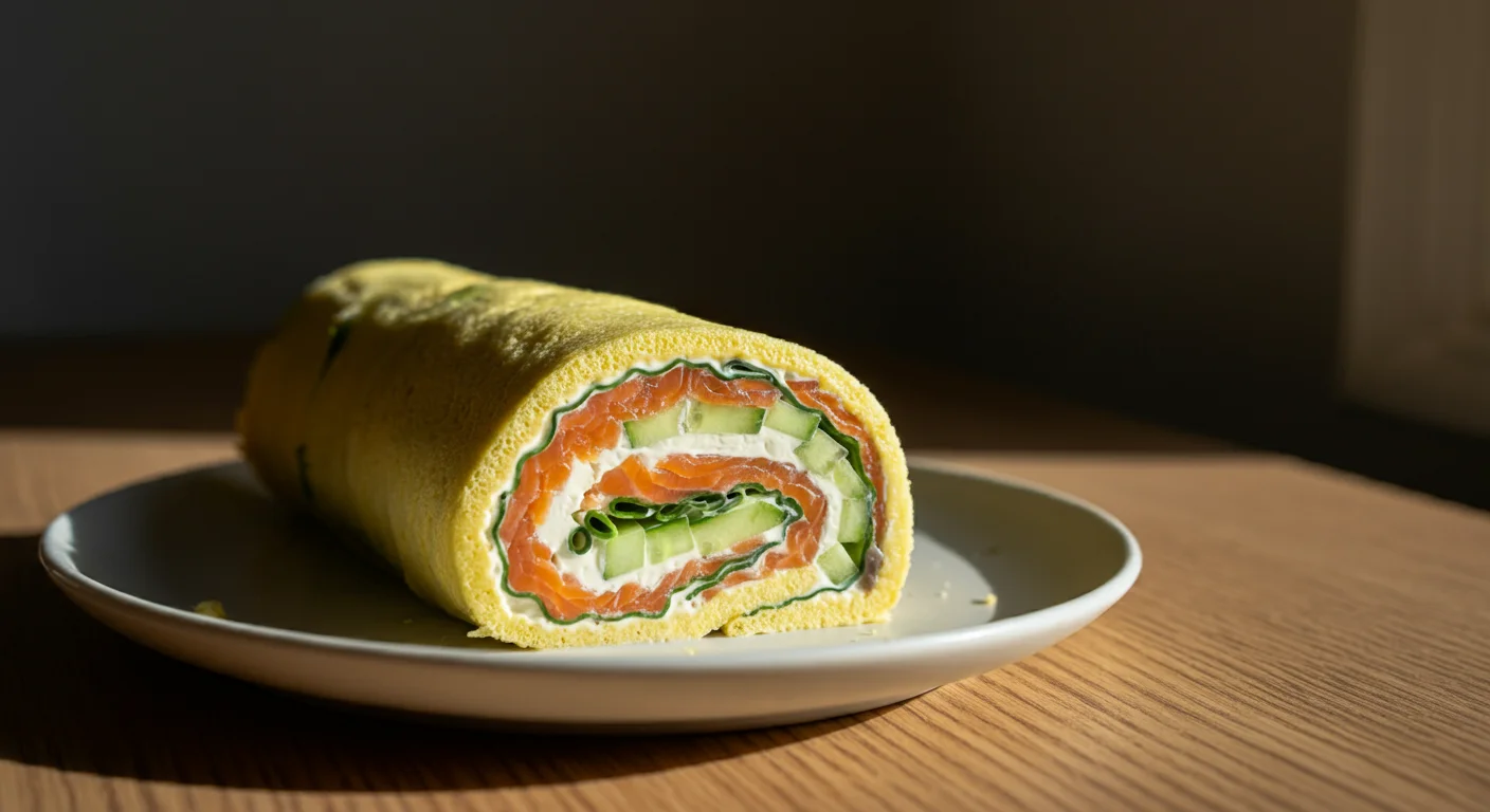 Keto Sandwich Swiss Roll Sliced keto sandwich Swiss roll on a white plate, revealing layers of smoked salmon, avocado, and cucumber ribbons, taken on a wooden table in natural light.