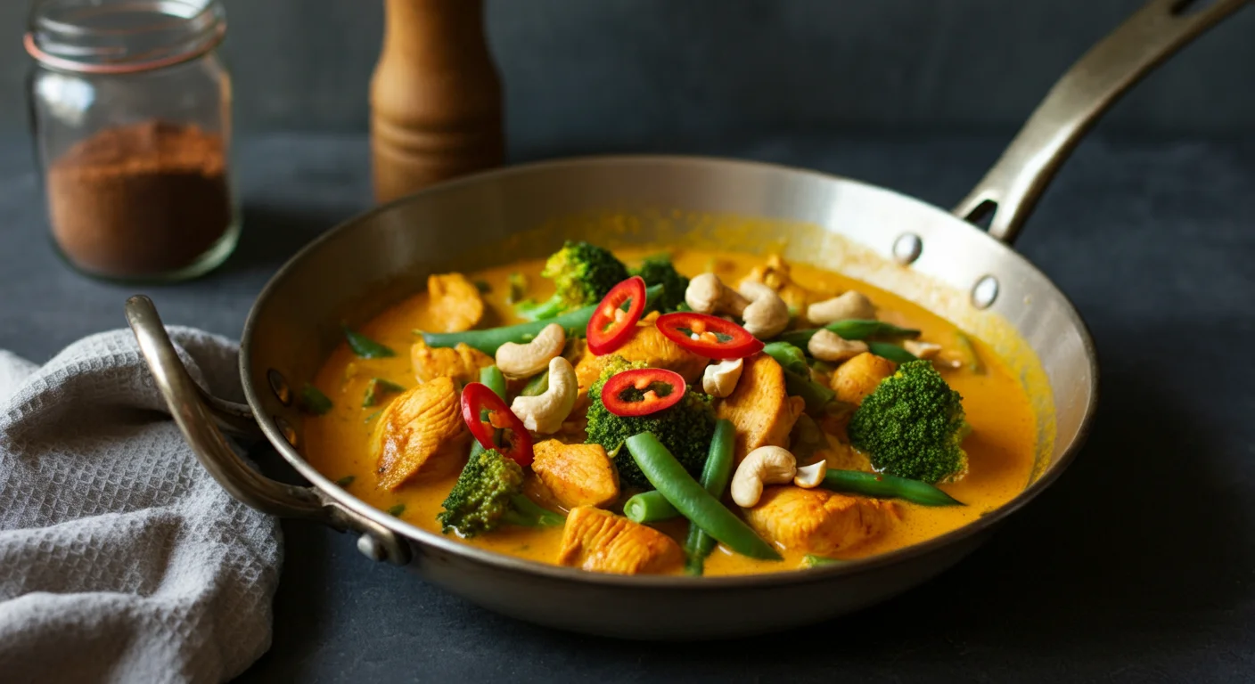 Keto Coconut & Cashew Chicken Curry Close-up handheld photo of Keto Coconut & Cashew Chicken Curry in a pan, showcasing vibrant curry sauce, chicken, and veggies.