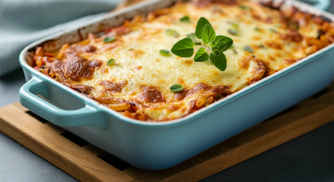 Keto Easy Moussaka Risoni Bake Freshly baked Keto Moussaka Risoni Bake in a blue dish with golden cheese topping, garnished with oregano, photographed casually in a home kitchen.