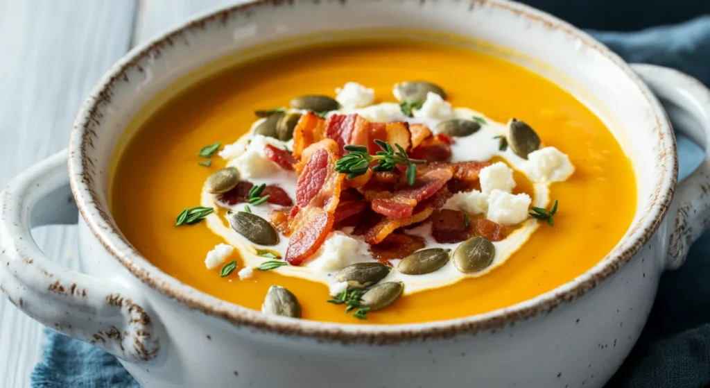 Keto Pumpkin Soup Handheld photo of creamy keto pumpkin soup in a white bowl, topped with bacon, feta, seeds, and thyme, placed on a wooden table with a blue cloth.