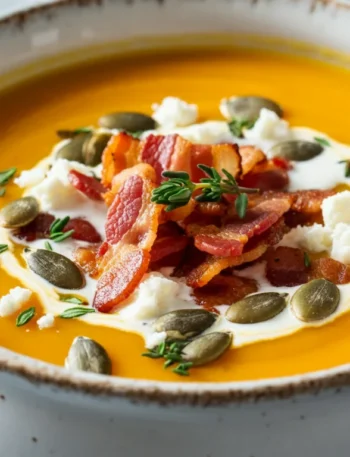 Keto Pumpkin Soup Handheld photo of creamy keto pumpkin soup in a white bowl, topped with bacon, feta, seeds, and thyme, placed on a wooden table with a blue cloth.