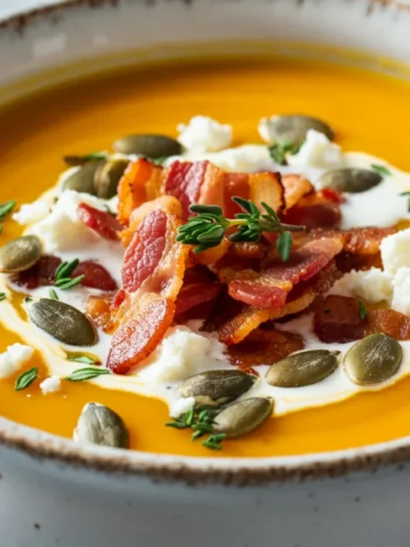 Keto Pumpkin Soup Handheld photo of creamy keto pumpkin soup in a white bowl, topped with bacon, feta, seeds, and thyme, placed on a wooden table with a blue cloth.