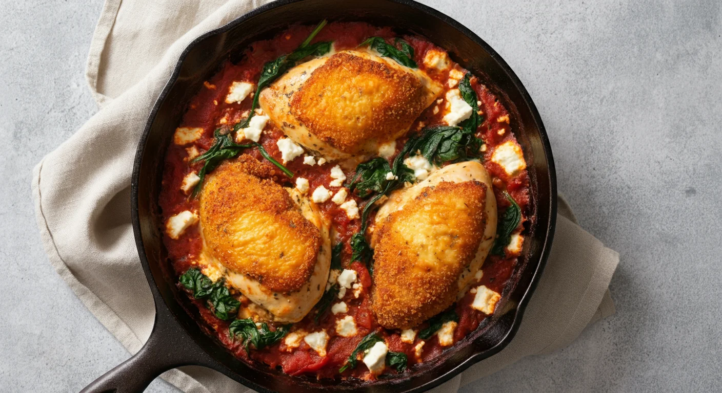 Keto Mediterranean Chicken Handheld photo of Keto Mediterranean chicken in a cast-iron skillet with golden chicken, bubbling tomato sauce, spinach, and feta cheese.