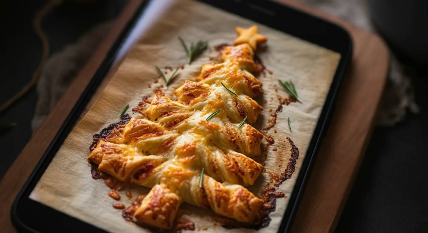 Keto Cheesy Puff Pastry Christmas Tree Side view of Keto Cheesy Puff Pastry Christmas Tree showing crispy twisted branches, golden stars, melted cheese, and garnishes.