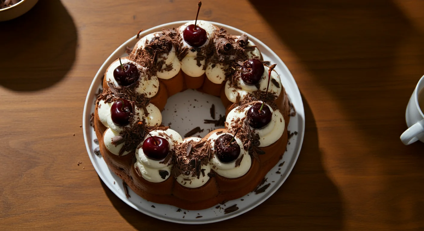 keto Easy Black Forest wreath Top-view mobile shot of a keto Black Forest wreath with chocolate rolls, whipped cream, cherries, and chocolate shavings on a white plate.