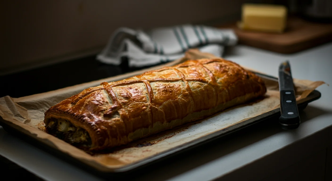 Keto Beef Wellington Freshly baked Keto Beef Wellington with a golden crust on a parchment-lined tray, captured in a handheld photo with a casual kitchen background.