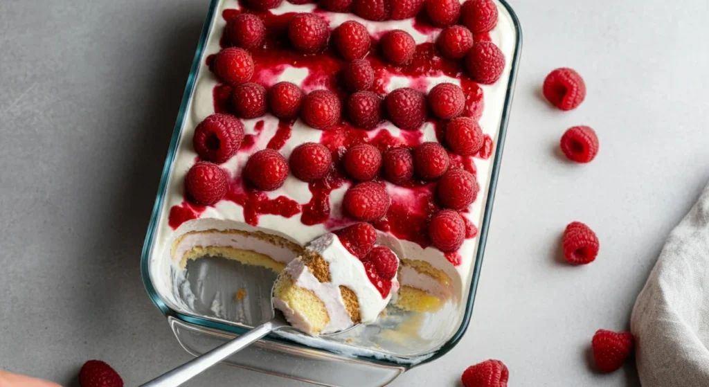 keto White chocolate berrymisu Overhead shot of Keto White Chocolate Berrymisu in a white dish, topped with raspberries and a drizzle of sauce, with a spoonful scooped out.