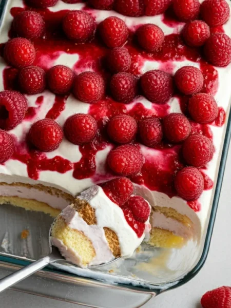 keto White chocolate berrymisu Overhead shot of Keto White Chocolate Berrymisu in a white dish, topped with raspberries and a drizzle of sauce, with a spoonful scooped out.