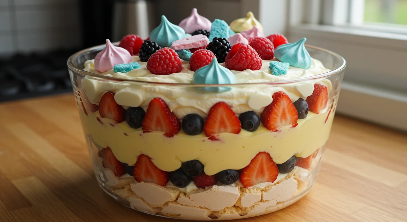 keto Christmas pavlova trifle A handheld photo of keto Christmas pavlova trifle in a glass dish, showing layers of custard, whipped cream, berries, and meringue.