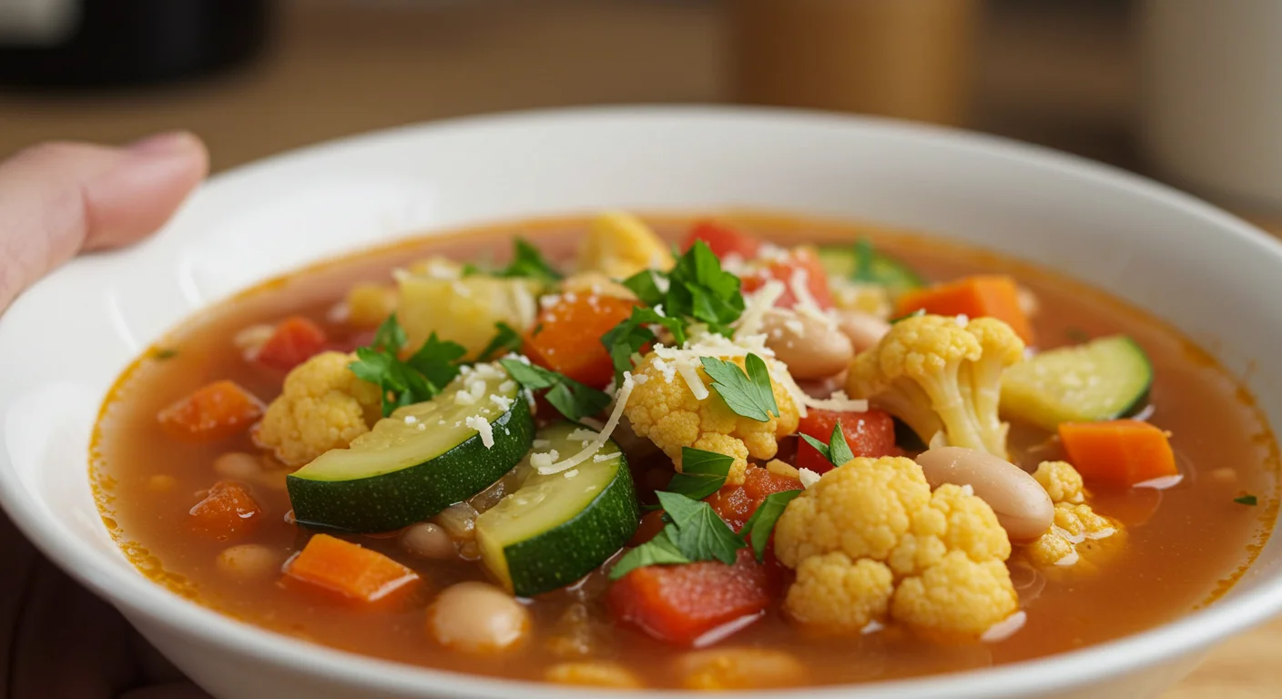 keto Quick vegetarian minestrone A close-up handheld photo of Keto Quick Vegetarian Minestrone with colorful vegetables, lupini beans, and kale in a tomato broth, garnished with parsley and Parmesan.