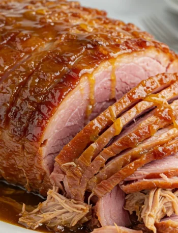 keto Slow cooker pulled maple Christmas ham Handheld photo of keto maple-glazed ham, shredded on one side and glazed with golden syrup.