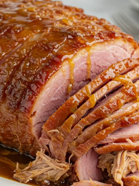 keto Slow cooker pulled maple Christmas ham Handheld photo of keto maple-glazed ham, shredded on one side and glazed with golden syrup.