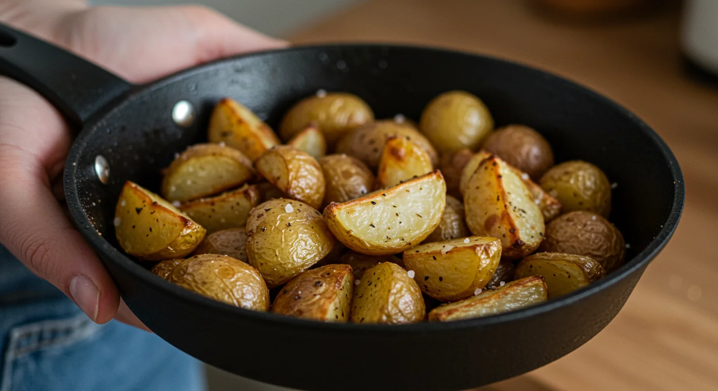 Keto Roast Potatoes Handheld photo of crispy golden keto roast potatoes in a black skillet, garnished with rosemary, with a natural kitchen background.