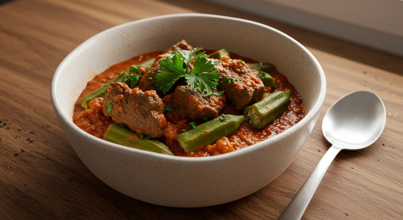 keto Lebanese lamb & okra stew Handheld photo of keto Lebanese lamb & okra stew with lamb, okra, and tomato sauce, garnished with parsley, on a wooden table.