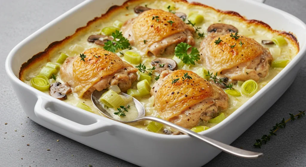 keto Chicken and leek casserole White dish with baked keto Chicken and Leek Casserole, golden chicken thighs in creamy sauce, garnished with parsley, on a gray countertop.