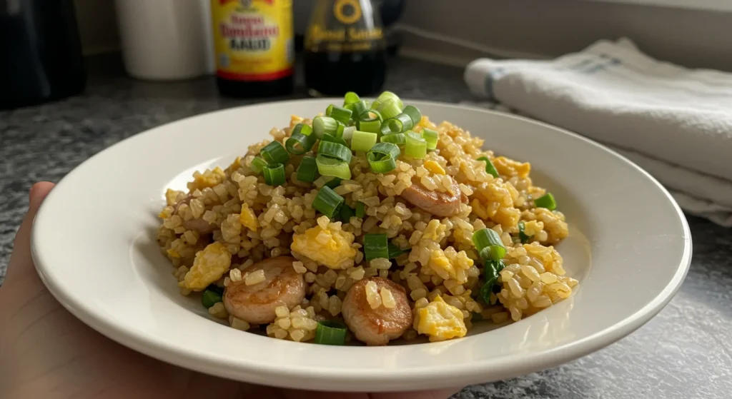 keto fried rice Plate of keto fried rice garnished with green onions, shot from a handheld angle with a casual kitchen background.