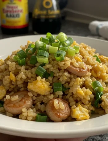 keto fried rice Plate of keto fried rice garnished with green onions, shot from a handheld angle with a casual kitchen background.