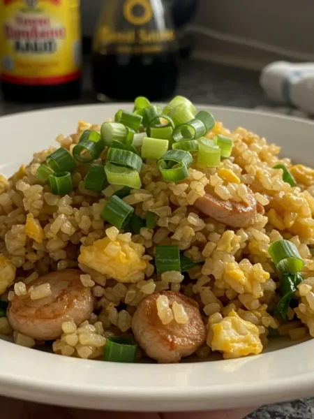 keto fried rice Plate of keto fried rice garnished with green onions, shot from a handheld angle with a casual kitchen background.