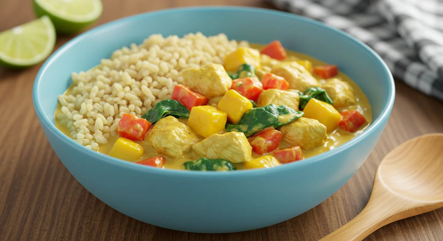 keto coconut & mango chicken curry Homemade keto coconut & mango chicken curry in a blue bowl, with creamy sauce, chicken, and cilantro garnish, captured in a casual handheld style.