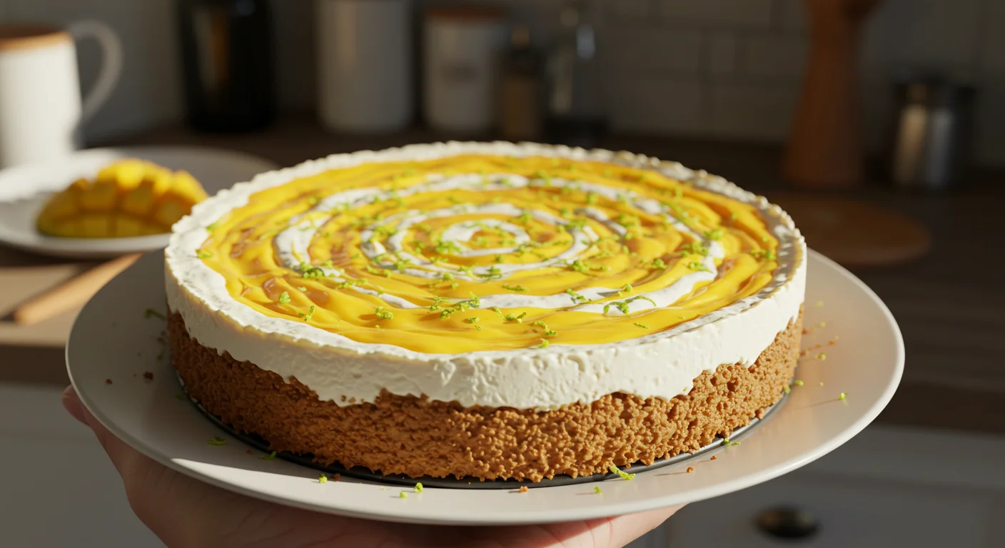 keto Mango labne cheesecake Handheld photo of keto mango labneh cheesecake with mango swirls and lime zest on a white plate, set on a casual kitchen counter.