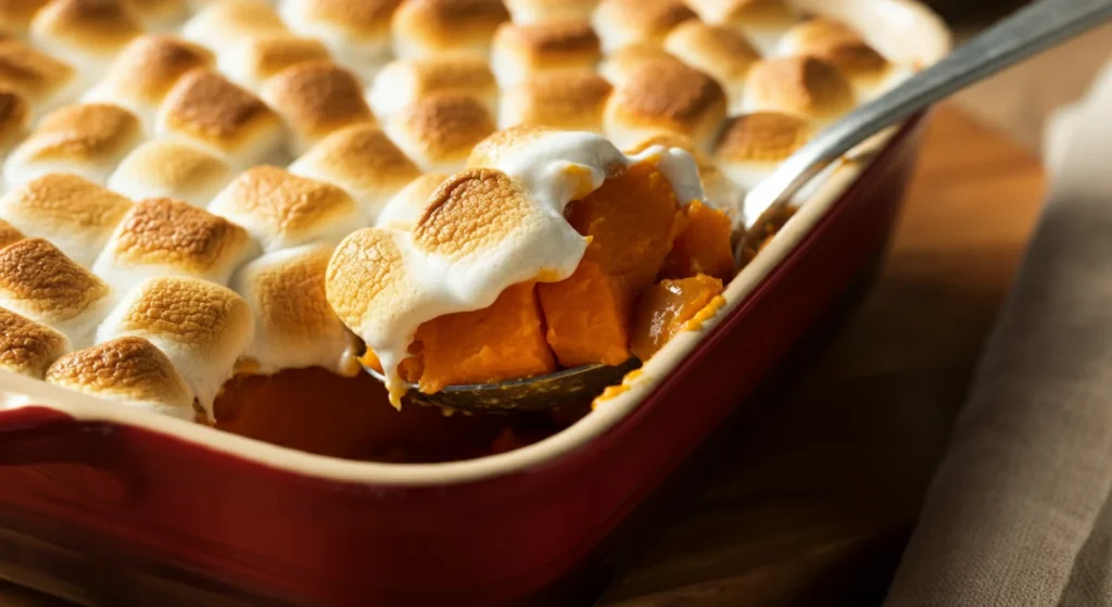 Candied Sweet Potatoes Teal casserole dish of Keto Candied Sweet Potatoes topped with golden marshmallows, with a spoon revealing caramelized squash.