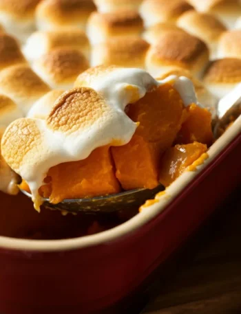 Candied Sweet Potatoes Teal casserole dish of Keto Candied Sweet Potatoes topped with golden marshmallows, with a spoon revealing caramelized squash.