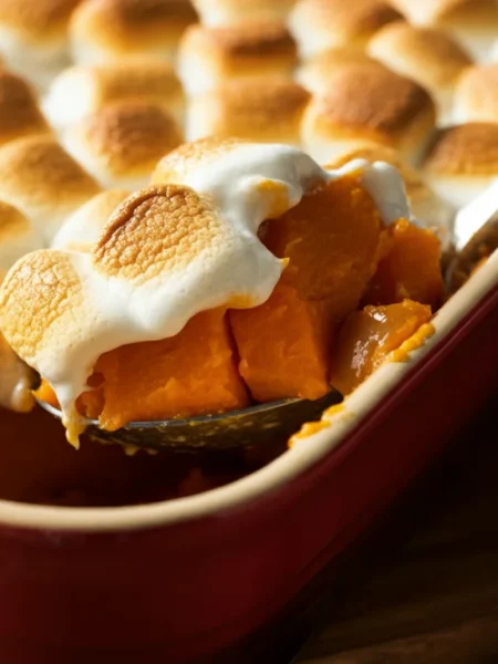 Candied Sweet Potatoes Teal casserole dish of Keto Candied Sweet Potatoes topped with golden marshmallows, with a spoon revealing caramelized squash.