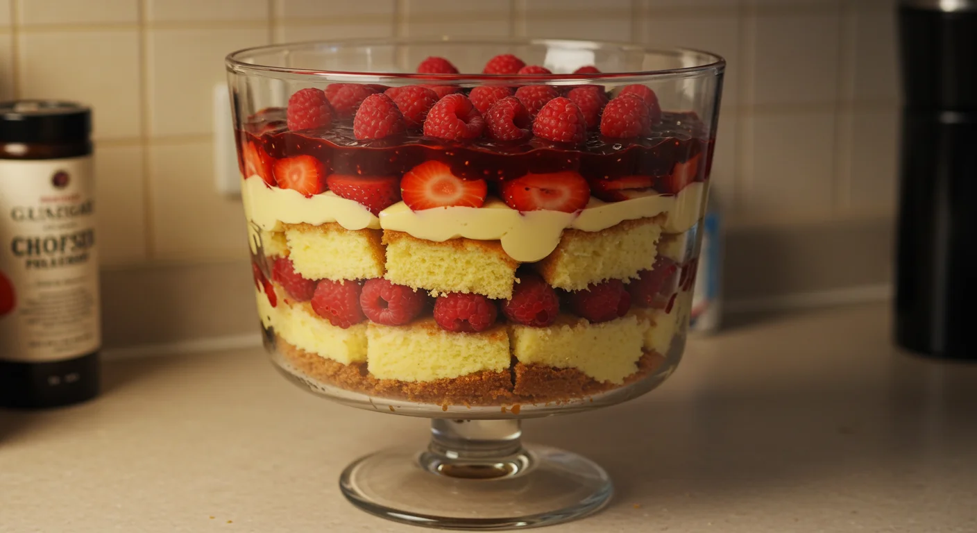 keto Diabetic-friendly trifle Handheld shot of a keto trifle in a clear bowl, showing layers of sponge cake, berries, custard, and jelly on a kitchen counter.