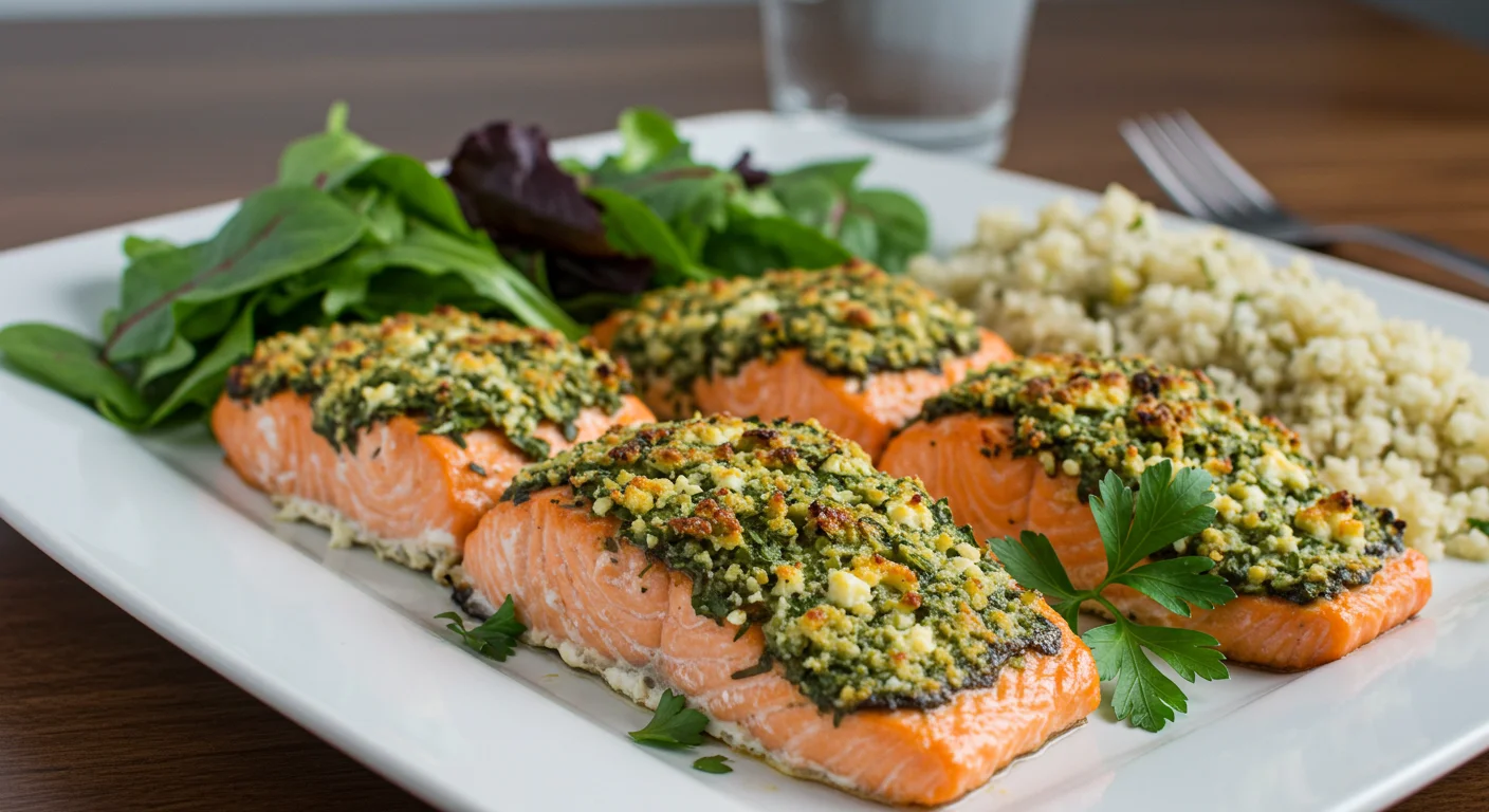 keto Charred herb and fetta salmon Close-up of baked keto charred herb and feta salmon on a white platter with parsley garnish, salad leaves, and cauliflower rice, taken casually with a mobile phone.