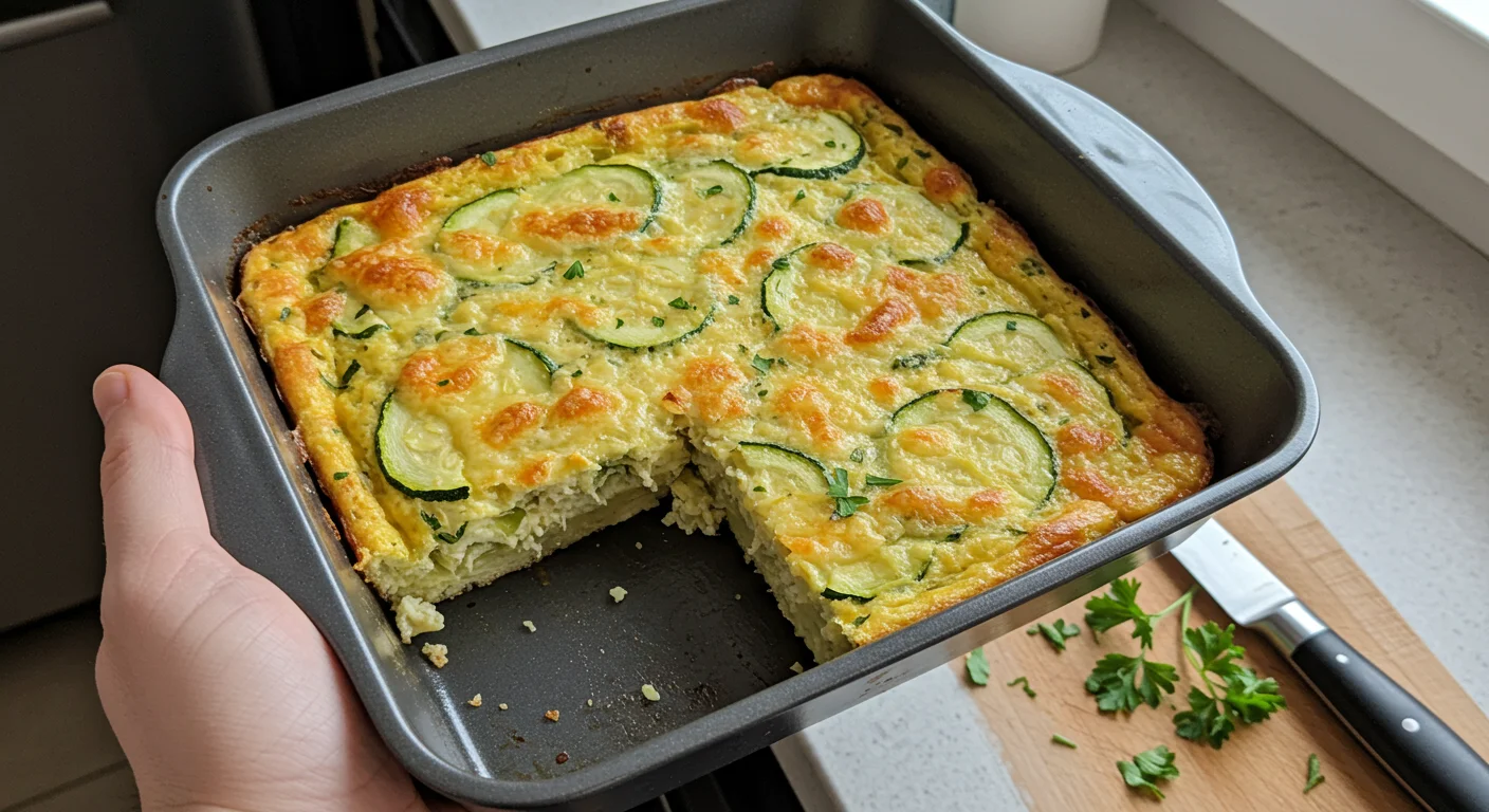 keto zucchini slice Handheld photo of a golden-brown keto zucchini slice in a baking dish, with melted cheese and zucchini visible, placed on a kitchen counter with scattered parsley.