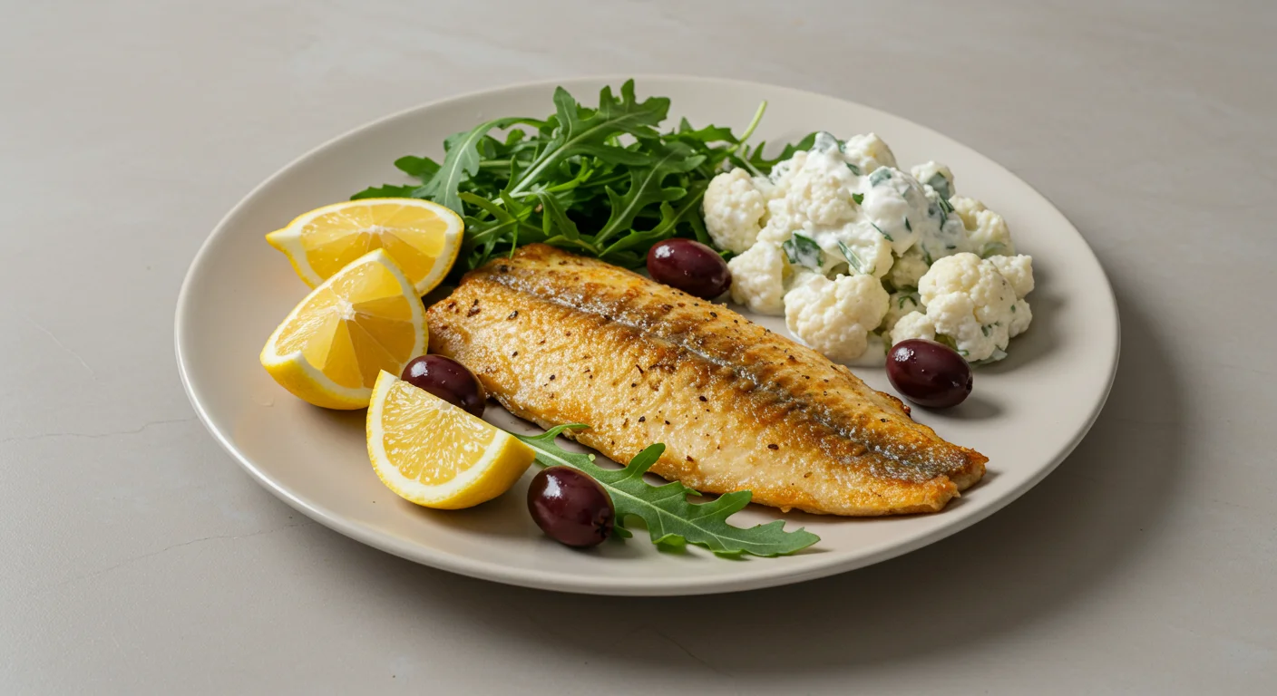 keto Grilled snapper with yoghurt potatoes Plate of keto grilled snapper with yoghurt potatoes, featuring golden snapper, creamy cauliflower salad, rocket leaves, and lemon wedges, taken from above.