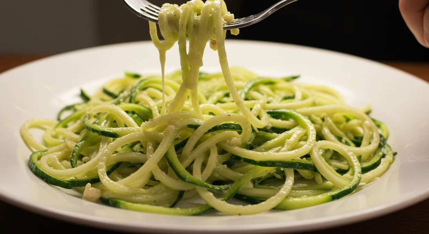 keto Zucchini Noodle Close-up of creamy keto zucchini noodles on a white plate, with a fork twirling the noodles in a casual, homemade style.