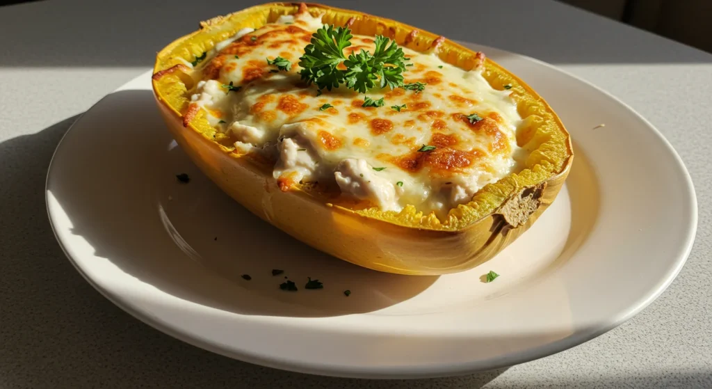 Chicken Alfredo Spaghetti Squash Handheld photo of Keto Chicken Alfredo Spaghetti Squash in a roasted shell with golden cheese and parsley on a rustic plate, shot in natural light.