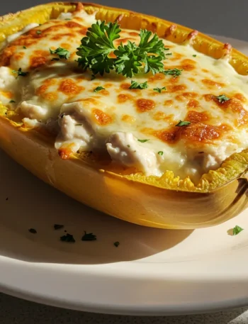 Chicken Alfredo Spaghetti Squash Handheld photo of Keto Chicken Alfredo Spaghetti Squash in a roasted shell with golden cheese and parsley on a rustic plate, shot in natural light.