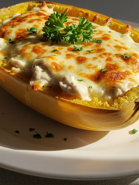 Chicken Alfredo Spaghetti Squash Handheld photo of Keto Chicken Alfredo Spaghetti Squash in a roasted shell with golden cheese and parsley on a rustic plate, shot in natural light.