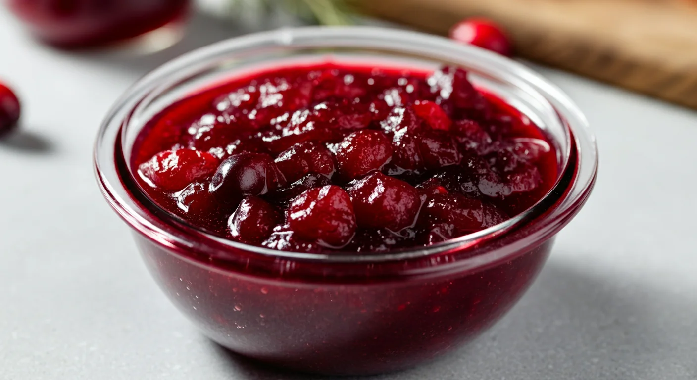 Holiday Cranberry Sauce Casual handheld shot of cranberry sauce in a glass bowl on a white countertop with a wooden spoon and towel in the background.