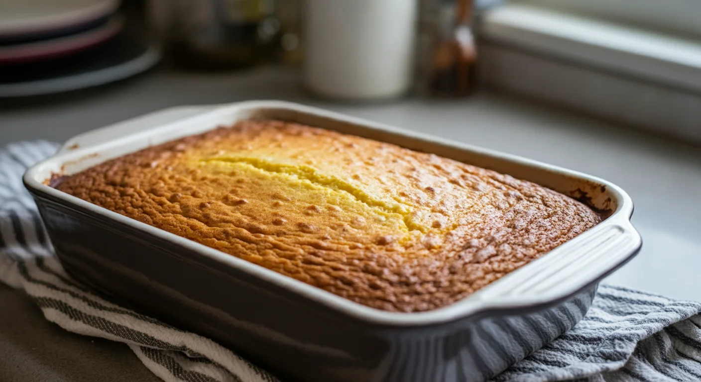 Keto Corn Pudding Handheld photo of baked Keto Corn Pudding in a dish on a striped kitchen towel.