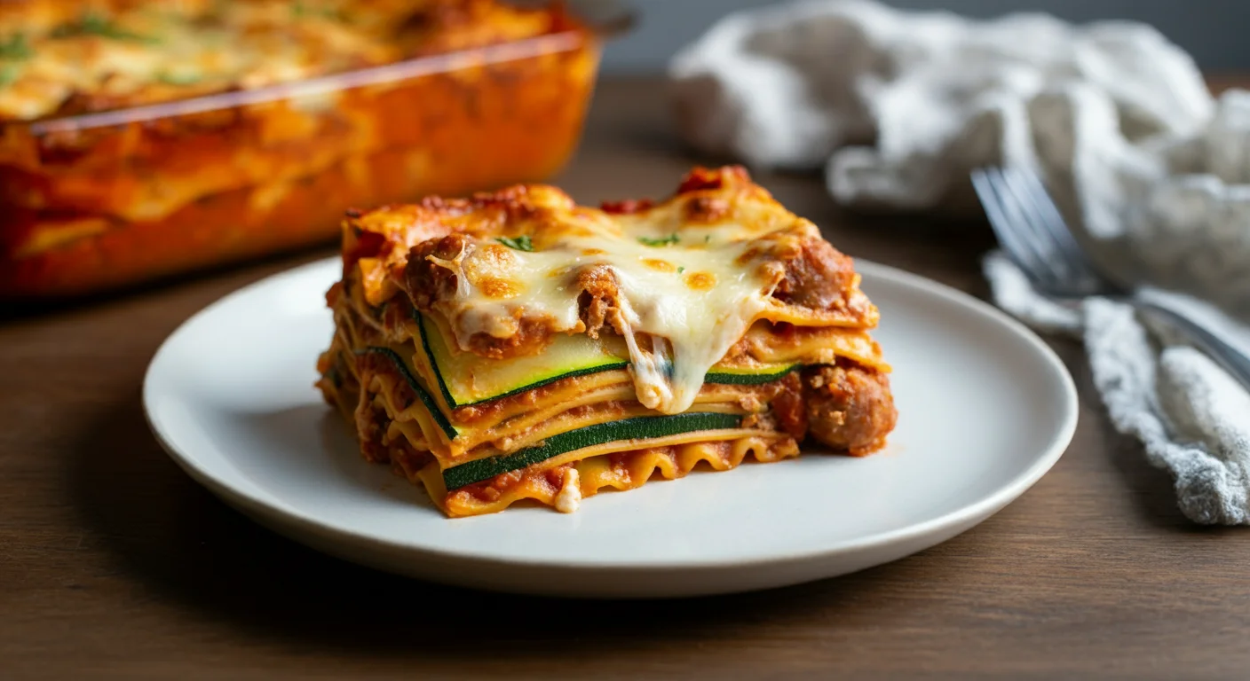 Keto Best Lasagna Messy slice of Keto Best Lasagna on a white plate with uneven layers of zucchini, cheese, and meat sauce, placed on a wooden table with soft daylight.