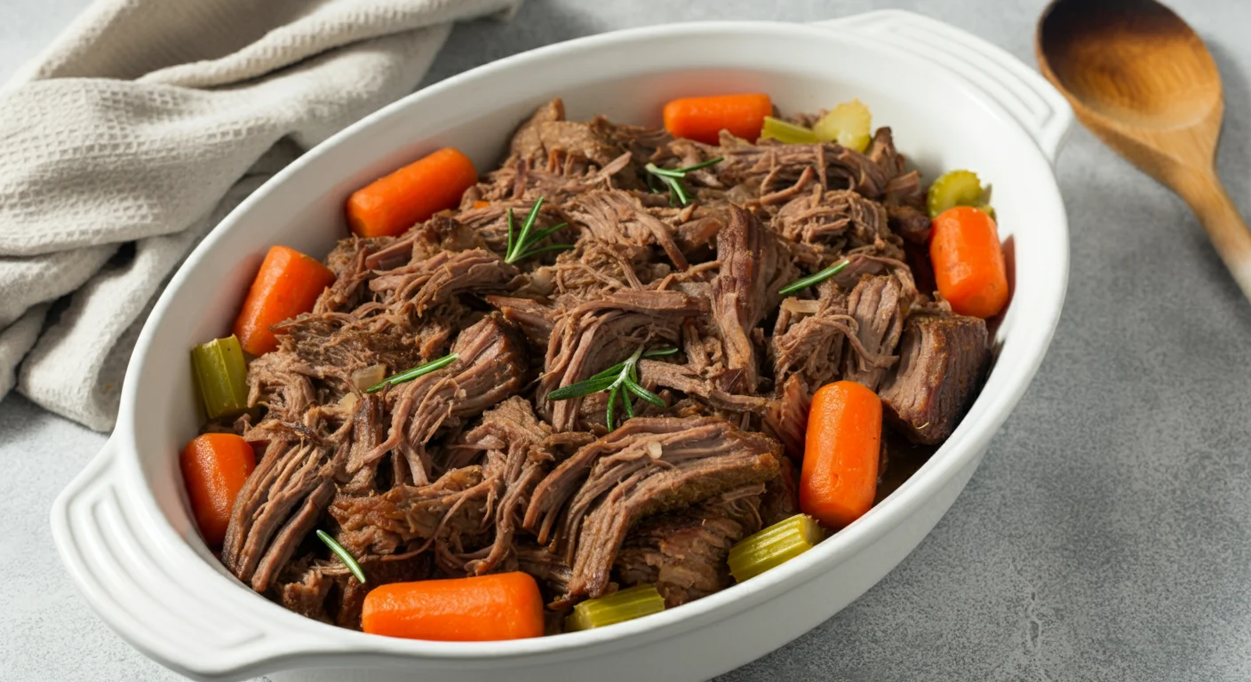 Keto Beef Pot Roast
Keto Beef Pot Roast with shredded beef, carrots, celery, and rosemary in a white dish on a gray countertop.