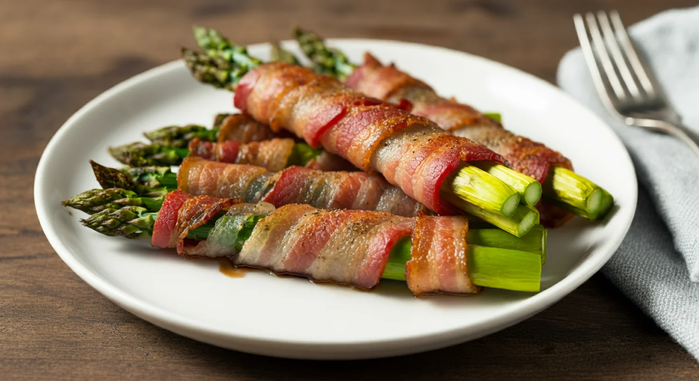 Keto Bacon Wrapped Asparagus Handheld photo of bacon-wrapped asparagus bundles on a white plate with natural lighting and a casual table setting.