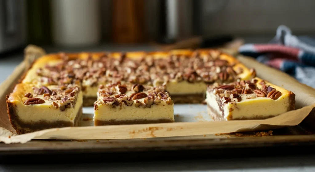 Keto Sugar-Free Pecan Cheesecake Bars Keto Pecan Cheesecake Bars cut into squares on a parchment-lined tray, with a casual kitchen background and uneven natural lighting.