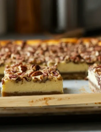 Keto Sugar-Free Pecan Cheesecake Bars Keto Pecan Cheesecake Bars cut into squares on a parchment-lined tray, with a casual kitchen background and uneven natural lighting.