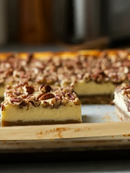 Keto Sugar-Free Pecan Cheesecake Bars Keto Pecan Cheesecake Bars cut into squares on a parchment-lined tray, with a casual kitchen background and uneven natural lighting.