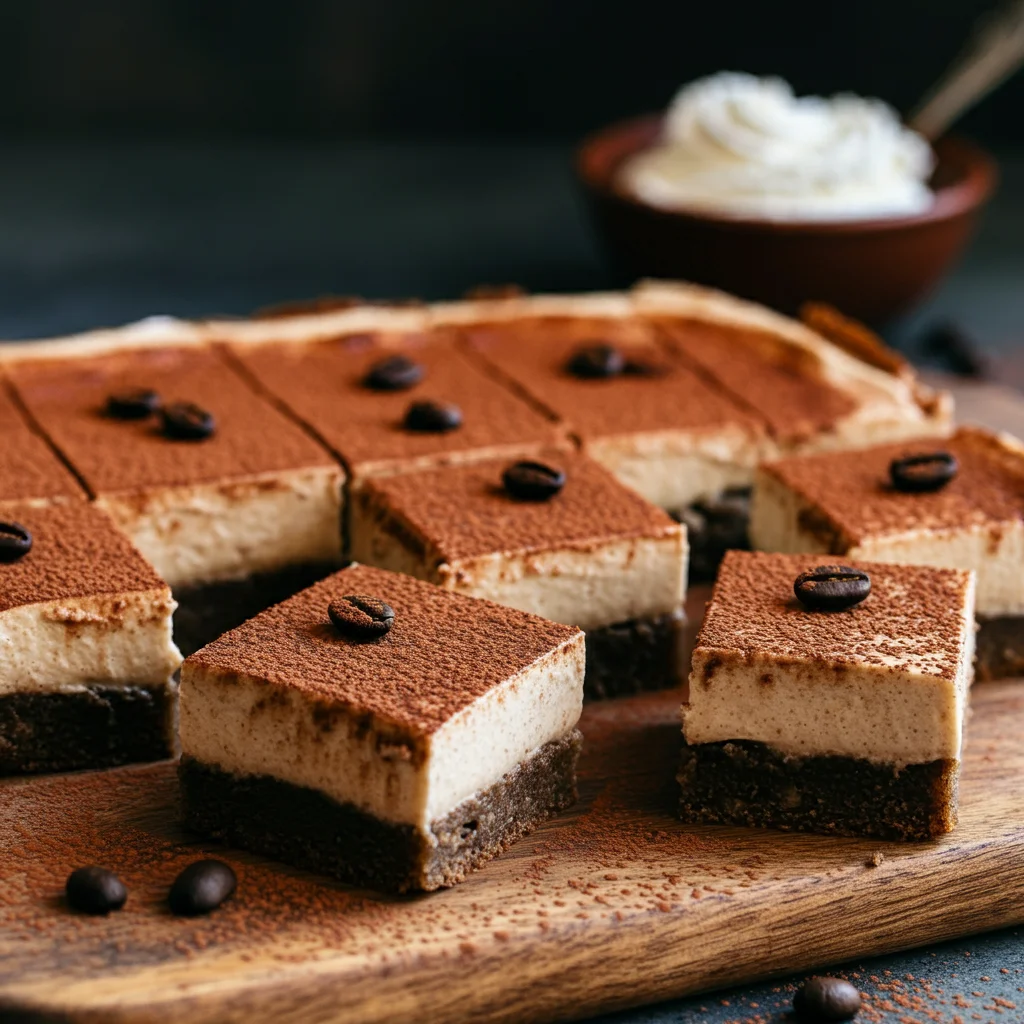 Keto Cappuccino Slice Freshly cut keto cappuccino slice squares on a wooden board, dusted with cacao powder and garnished with coffee beans, in a casual kitchen setting.