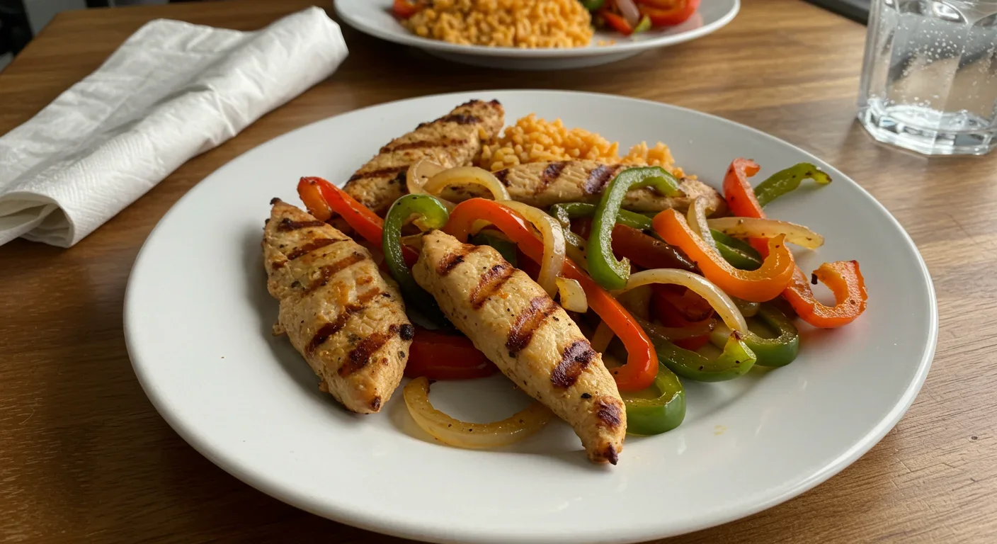 10-Min Keto Chicken Fajitas Overhead shot of keto chicken fajitas featuring grilled chicken, colorful veggies, and a side of tortillas, in a casual, rustic setup.